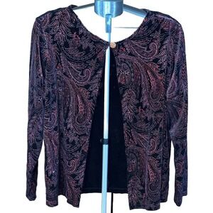 Notations Womans 2X Black Red Paisley Glitter Long Sleeve Cardigan Holiday Party